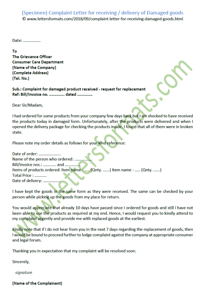 Complaint Letter For Receiving Of Or Delivery Of Damaged Goods