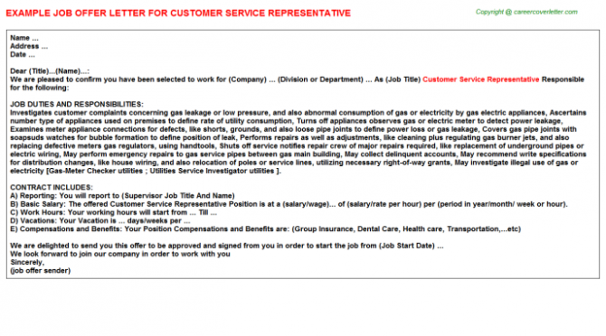 Customer Service Representative Offer Letter