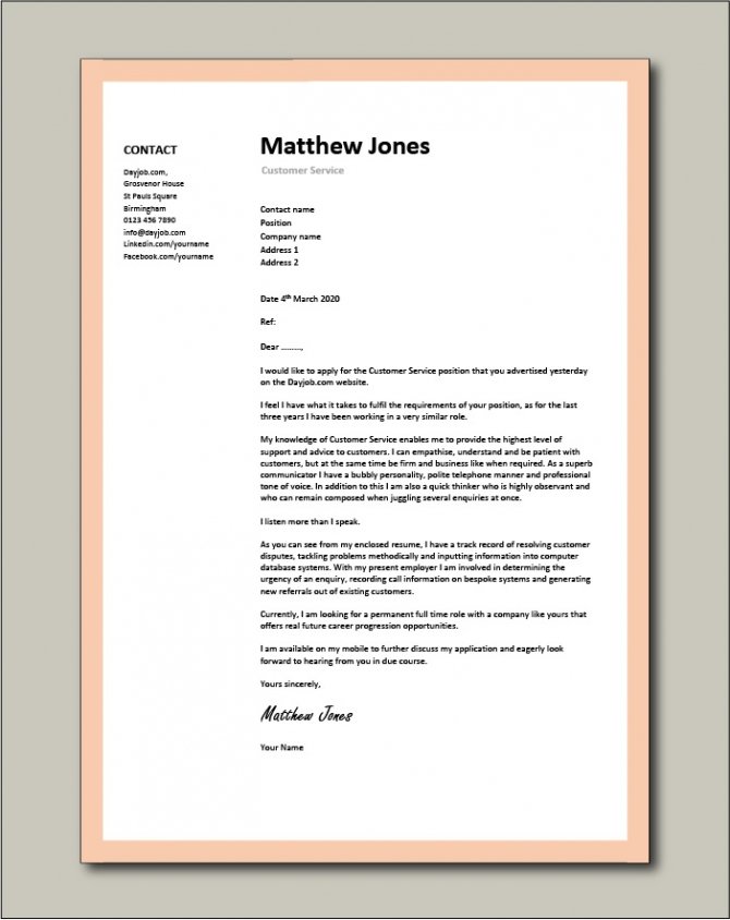 Customer Services Advisor Cover Letter