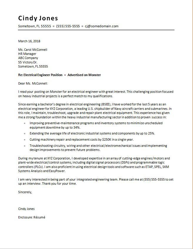 Electrical Engineering Cover Letter Sample
