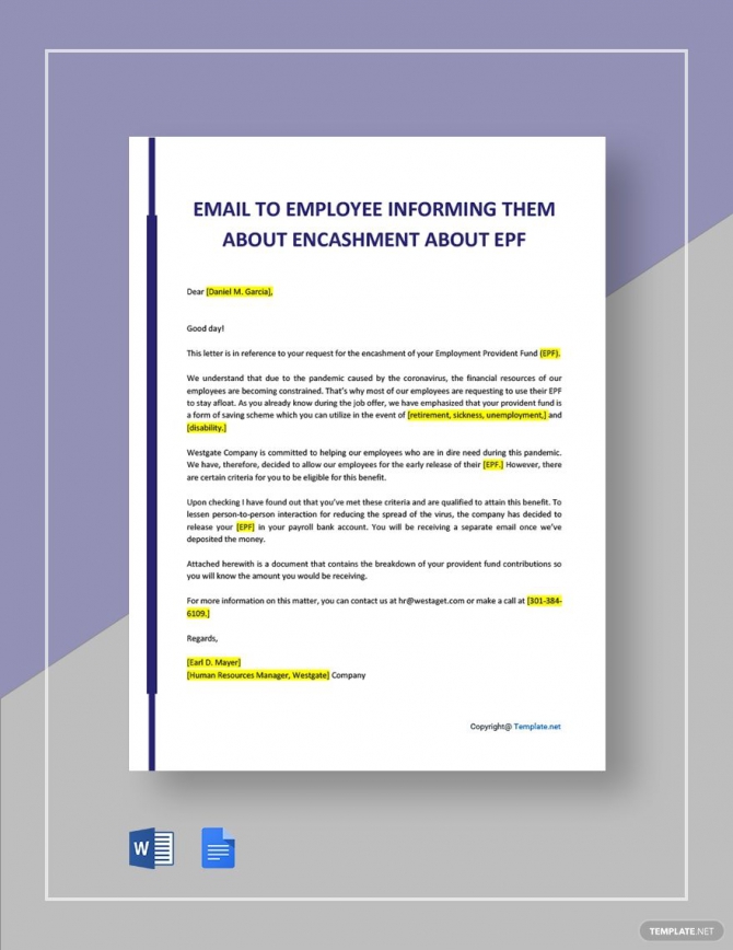 Email To Employee Informing Them About Encashment About Epf In