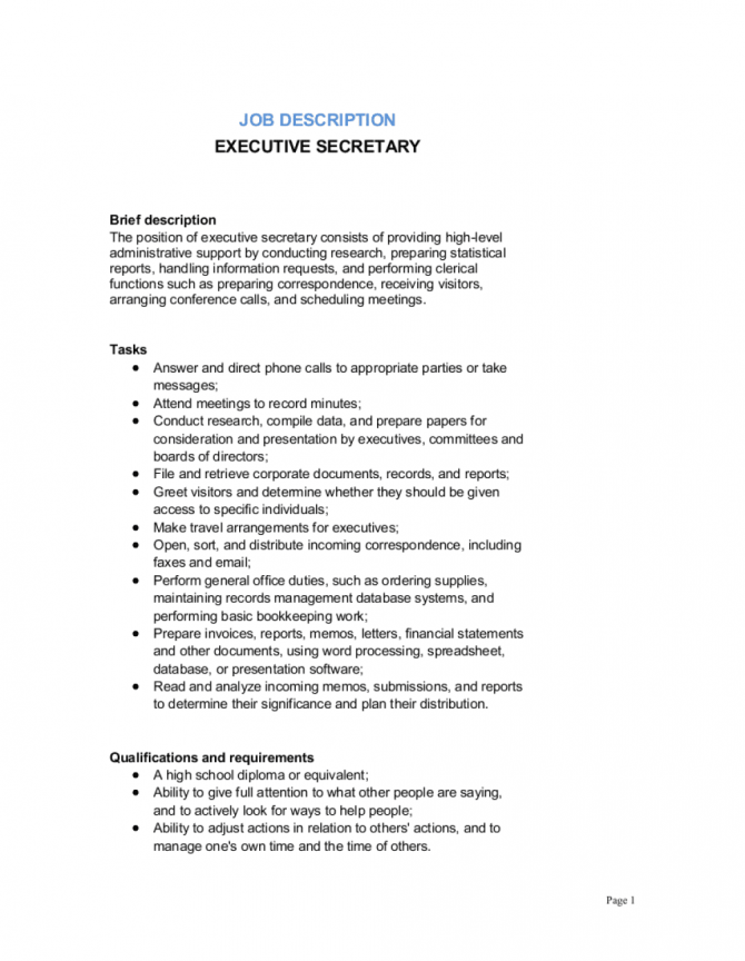 Executive secretary job description samples