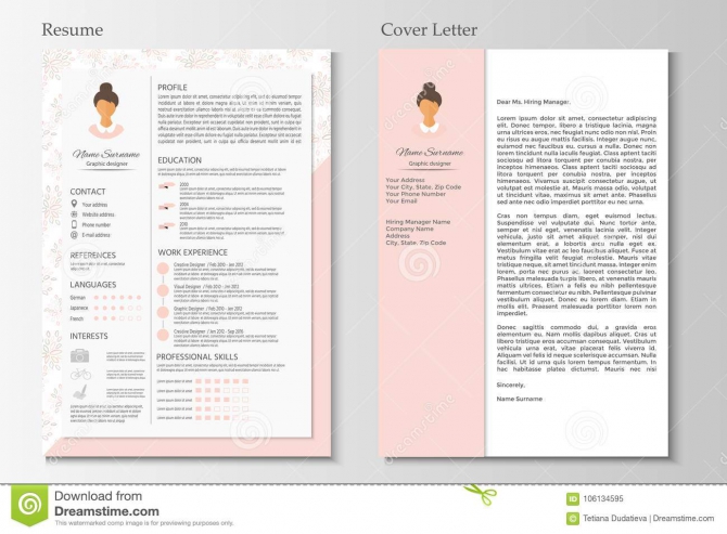 Feminine Resume And Cover Letter With Infographic Design Stock