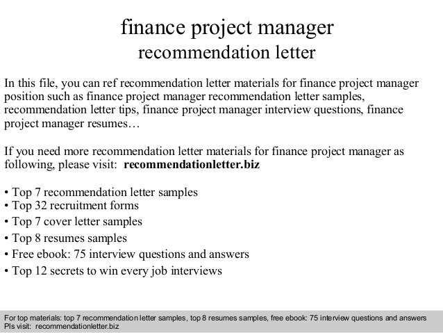 Finance Project Manager Recommendation Letter