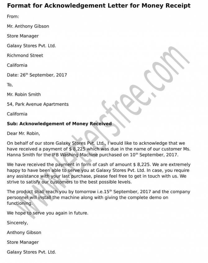 Format For Acknowledgement Letter For Money Receipt