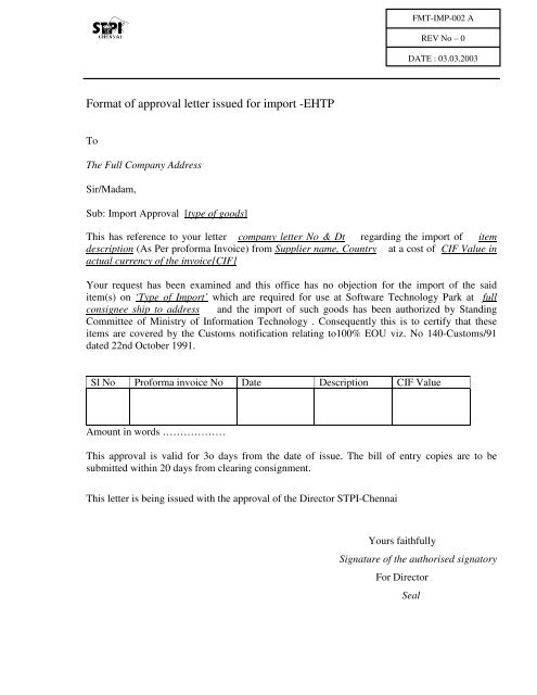 Format Of Approval Letter Issued For Import