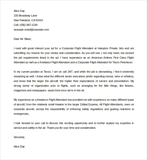 Free  Sample Flight Attendant Cover Letter Templates In Ms Word