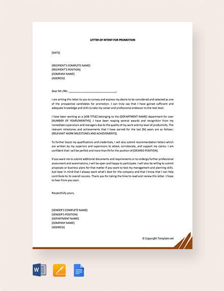 Free  Sample Letter Of Intent For Promotion Templates In Pdf