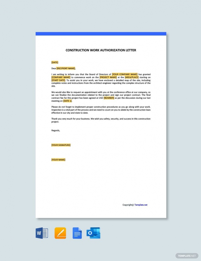Free Construction Work Authorization Letter