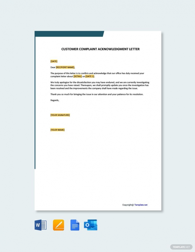 Free Customer Complaint Acknowledgement Letter Ad    Paid