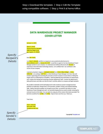 Free Data Warehouse Project Manager Cover Letter