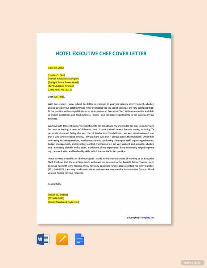 Free Hotel Executive Chef Cover Letter