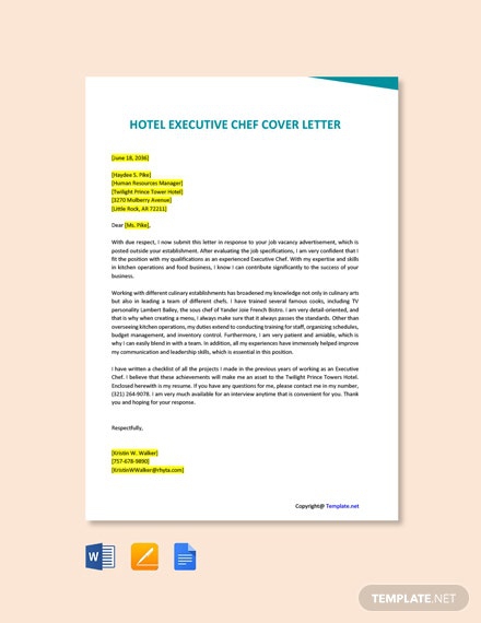 Free Hotel Executive Chef Cover Letter