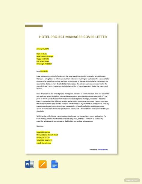 Free Hotel Project Manager Cover Letter In