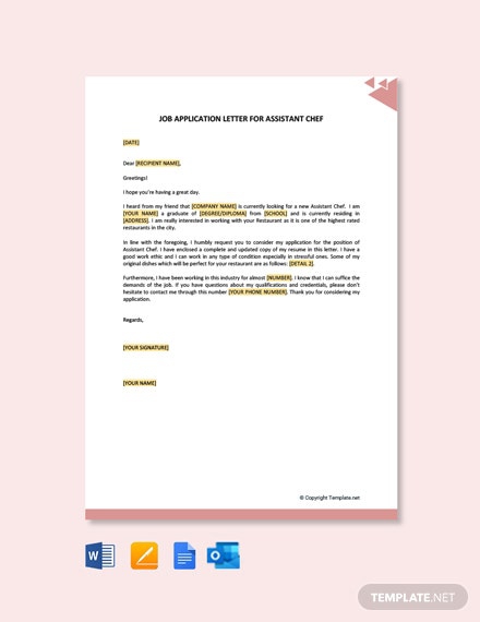 Free Job Application Letter For Assistant Chef Template