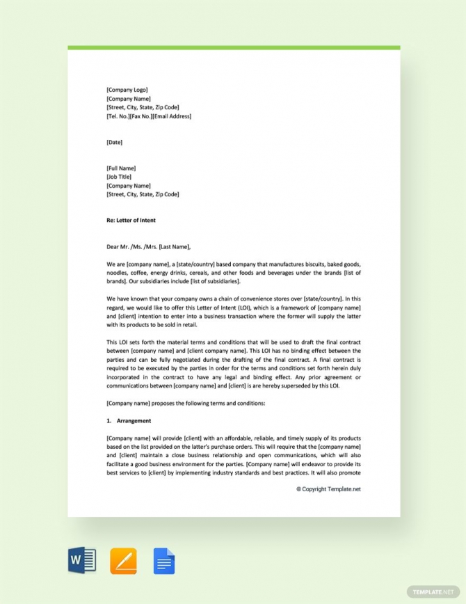 Free Letter Of Intent To Do Business With The Company In