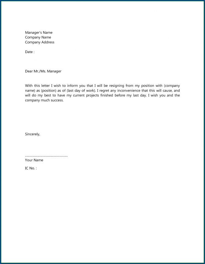 Simple And Short Resignation Letter Gotilo