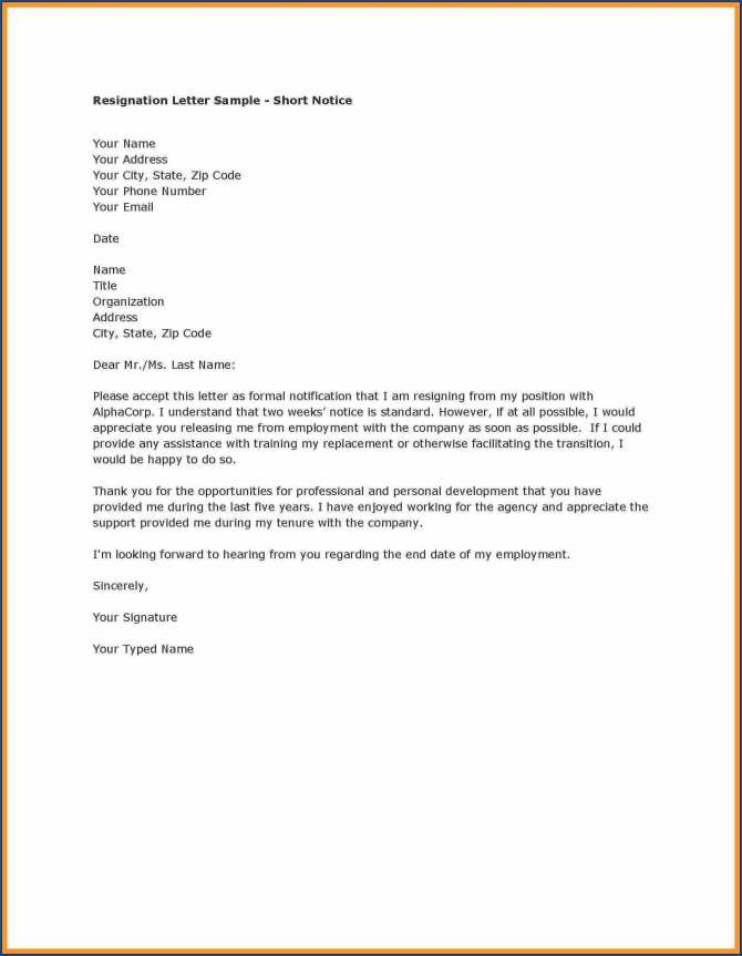 Free Printable Simple Resignation Letter Template
