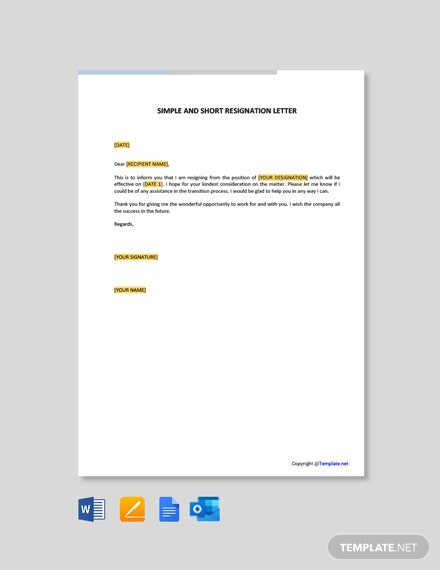 Free Simple And Short Resignation Letter Template