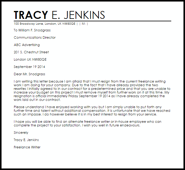 Independent Contractor Resignation Letter Example