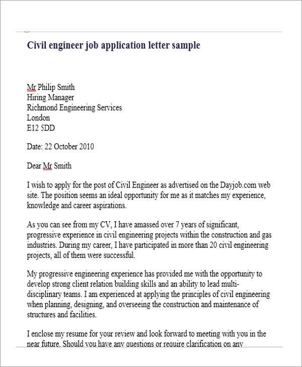 Job Application Letter For Engineer