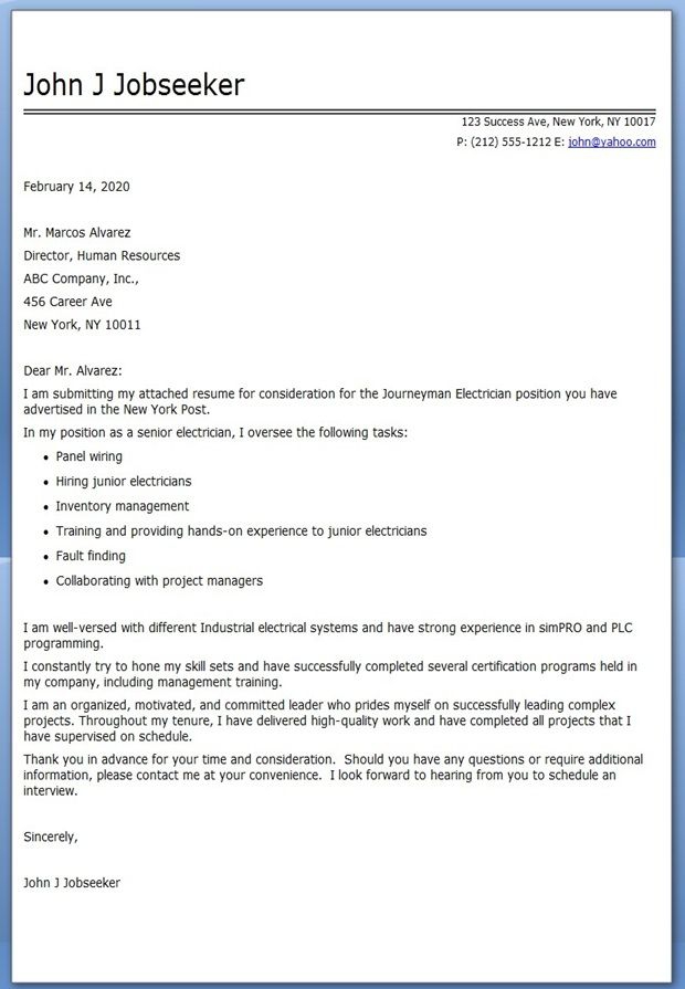 Journeyman Electrician Cover Letter Examples