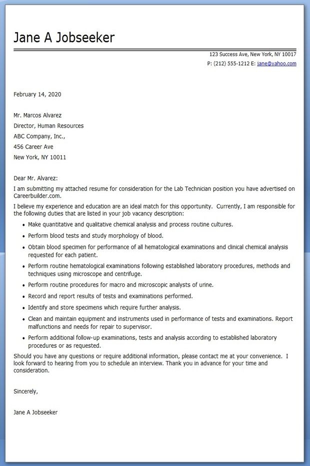 Lab Technician Cover Letter Examples