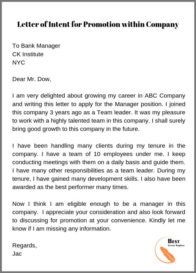 Letter Of Intent For Promotion Within Company