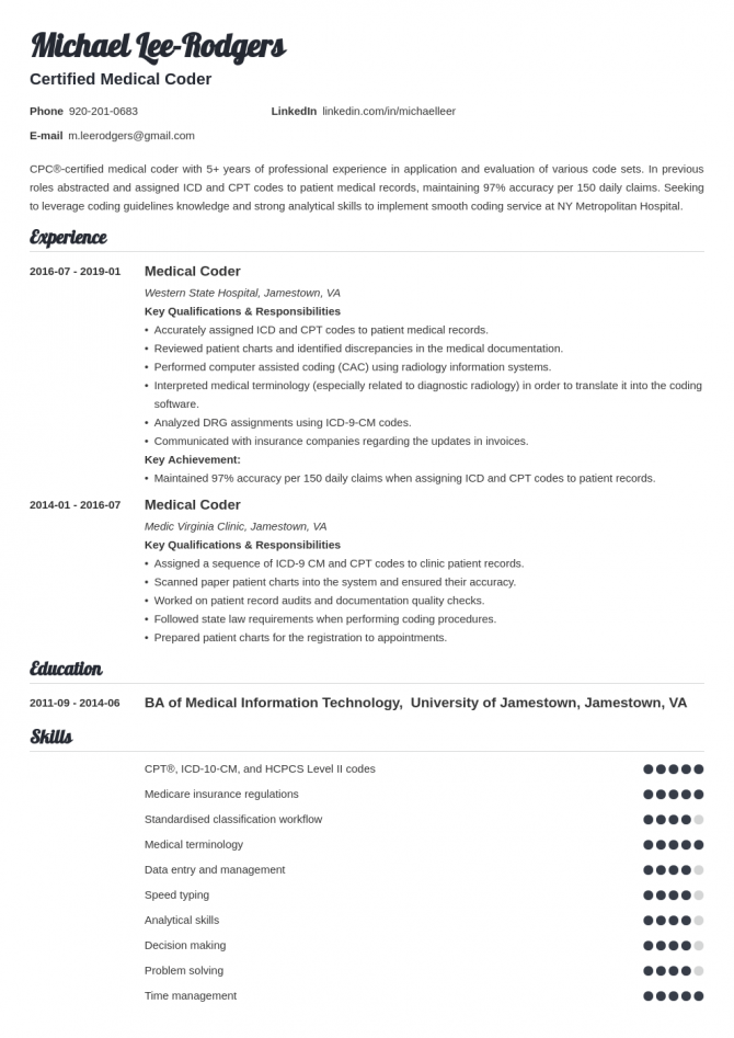 Medical Coder Summary For Resume