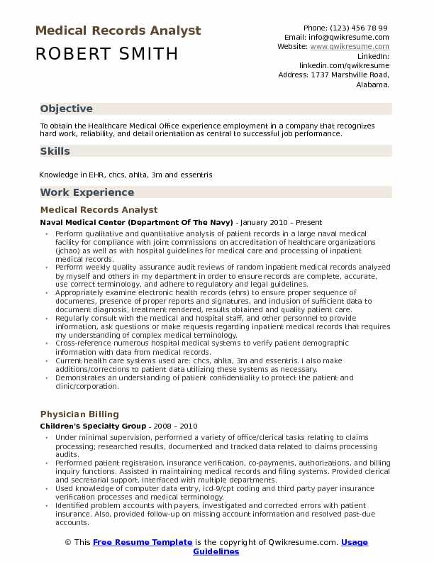 Medical Records Analyst Resume Samples