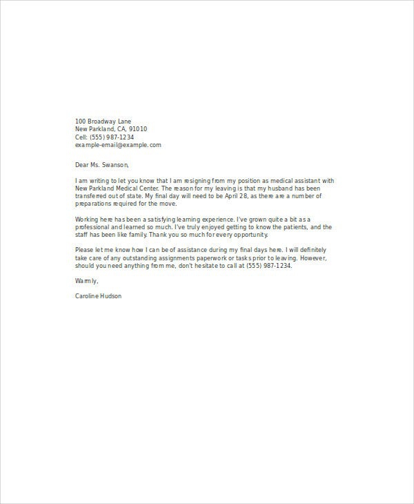 Medical Resignation Letters Template