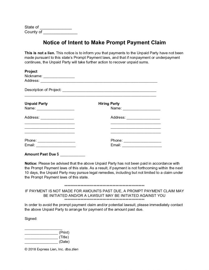 Notice Of Intent To Make Prompt Payment Claim Form