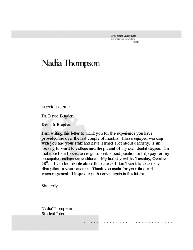 Paid Intern Resignation Letter Sample