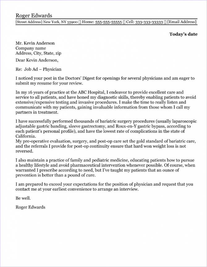 Physician Cover Letter Sample