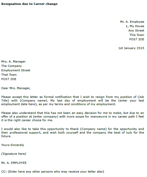 Resignation Letter Due To Career Change