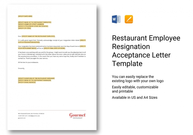 Restaurant Employee Resignation Acceptance Letter Template In Word