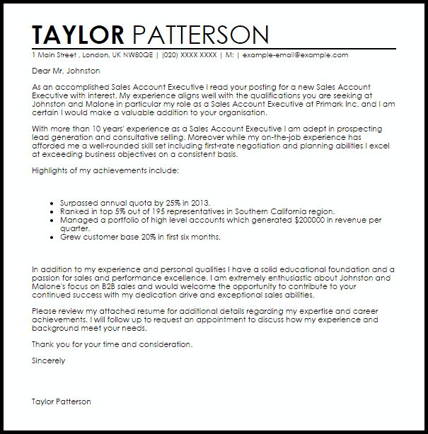 Sales Account Executive Cover Letter Sample