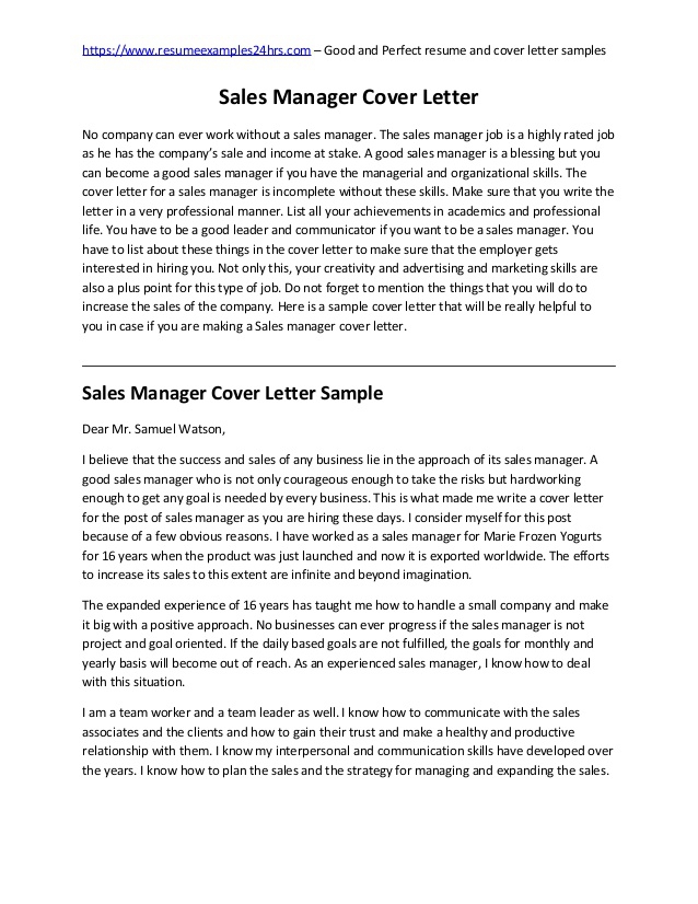 Sales Manager Cover Letter Sample