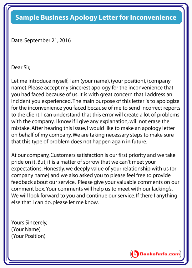 Sample Business Apology Letter For Inconvenience