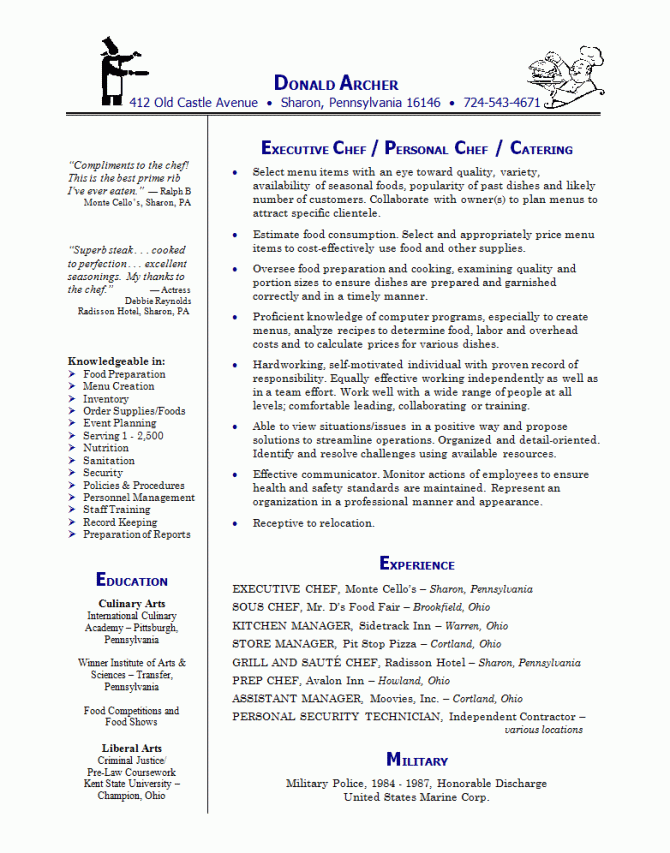 Sample Executive Chef Cover Lettercareer Resume Template