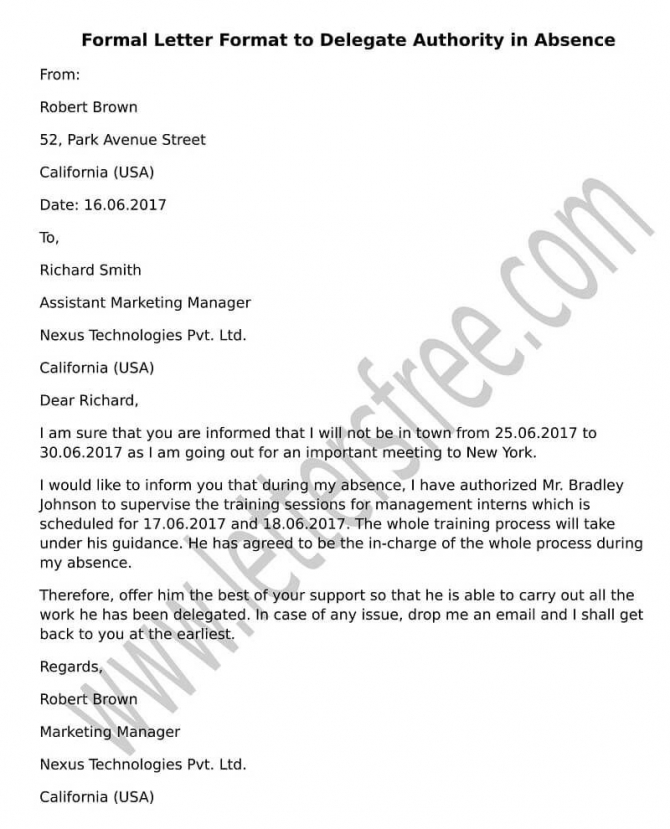 Sample Letter Format To Delegate Authority In Absence