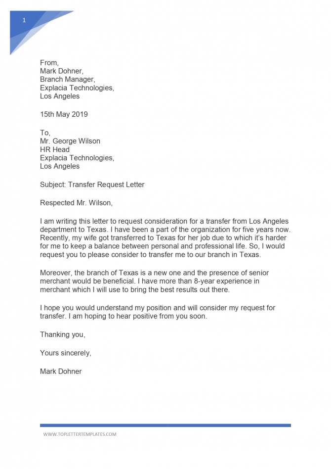 Sample Letter Of Request For Transfer To Other Department