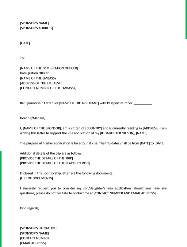 Sponsorship Letter For Visa From Father Template