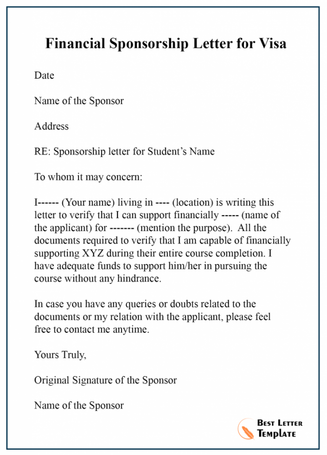 Sponsorship Letter For Visa Template  Format  Sample   Example