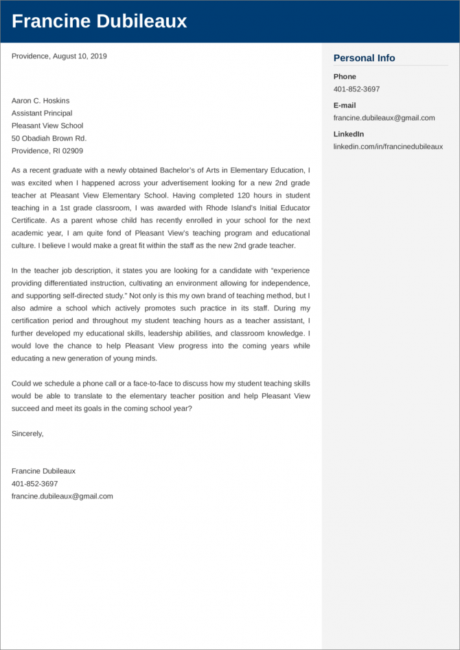 Teacher Cover Letter Examples   Templates Ready To Use   Copy