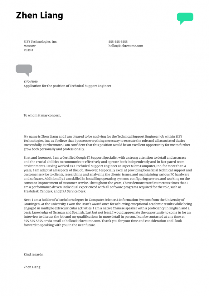Technical Support Engineer Cover Letter Example