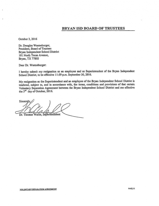 Tommy Wallis Resignation Letter
