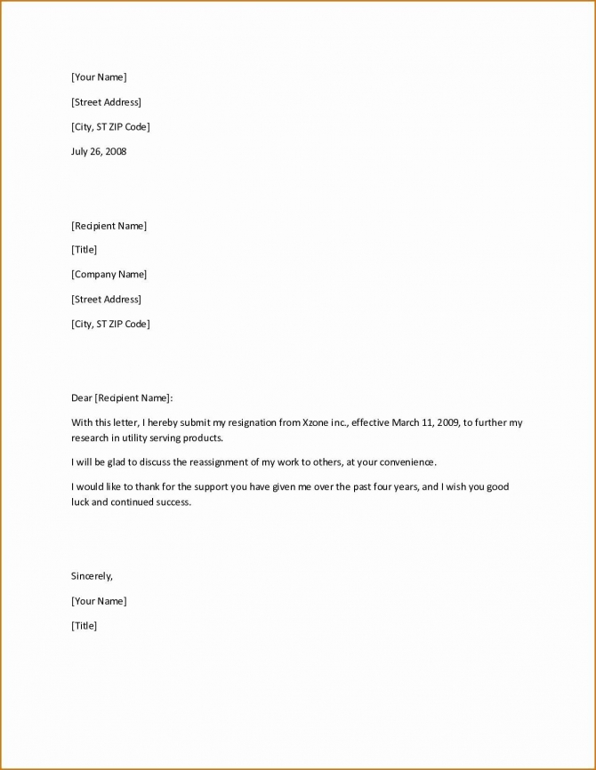 Simple Short Resignation Letter Template