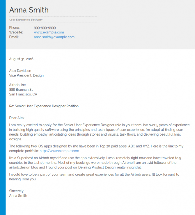 User Experience Designer Cover Letter Example