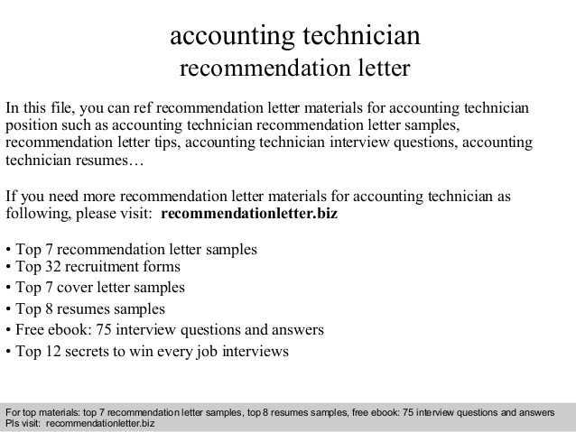 Accounting Technician Recommendation Letter